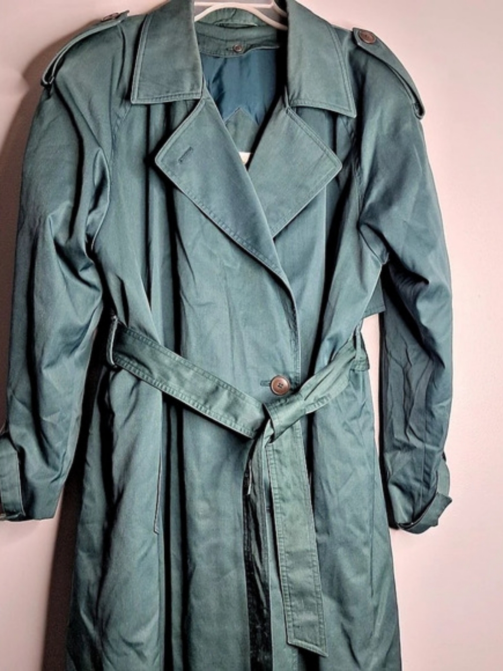 Vintage Worthington Green Double Breasted Trench Coat Belted Removable Liner 16